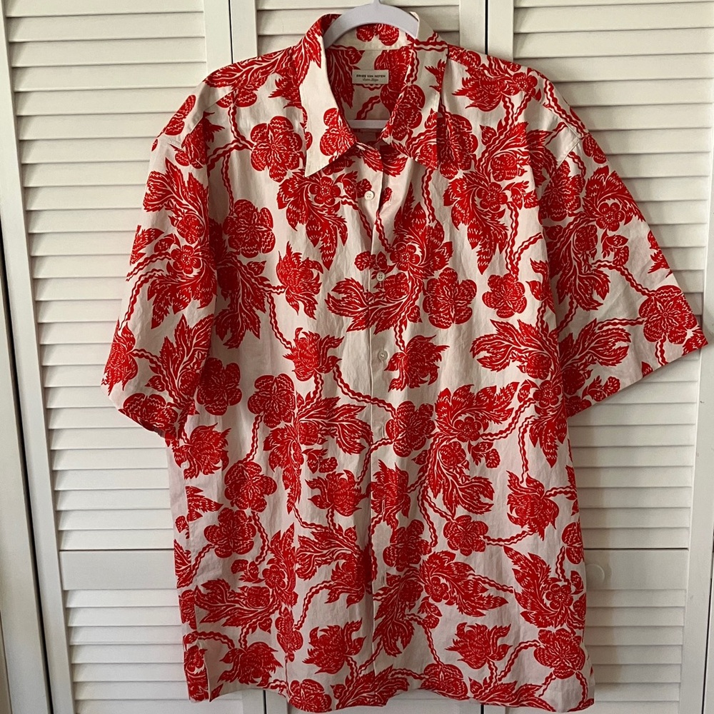Dries Van Noten White Short-Sleeve Button-Down with Red Floral Print Size XL